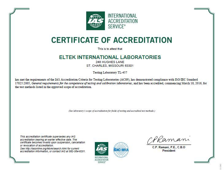 IAS certificate of accreditation for ELTEK International Laboratories